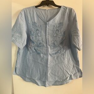 Blue Embroidered Short Sleeve Top